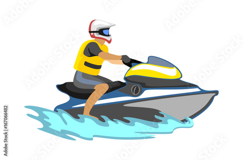 Jet ski water extreme sports, isolated design element for summer vacation activity concept, cartoon wave surfing, sea beach vector illustration, active lifestyle adventure