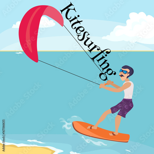 kitesurfing water extreme sports, isolated design element for summer vacation activity concept, cartoon wave surfing, sea beach vector illustration, active lifestyle adventure