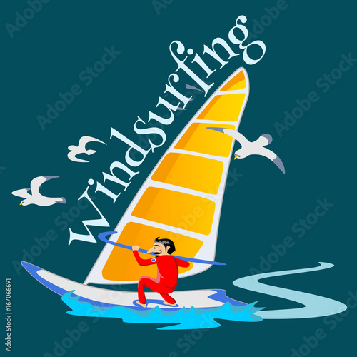 Windsurfing water extreme sports, isolated design element for summer vacation activity concept, cartoon wave surfing, sea beach vector illustration, active lifestyle adventure