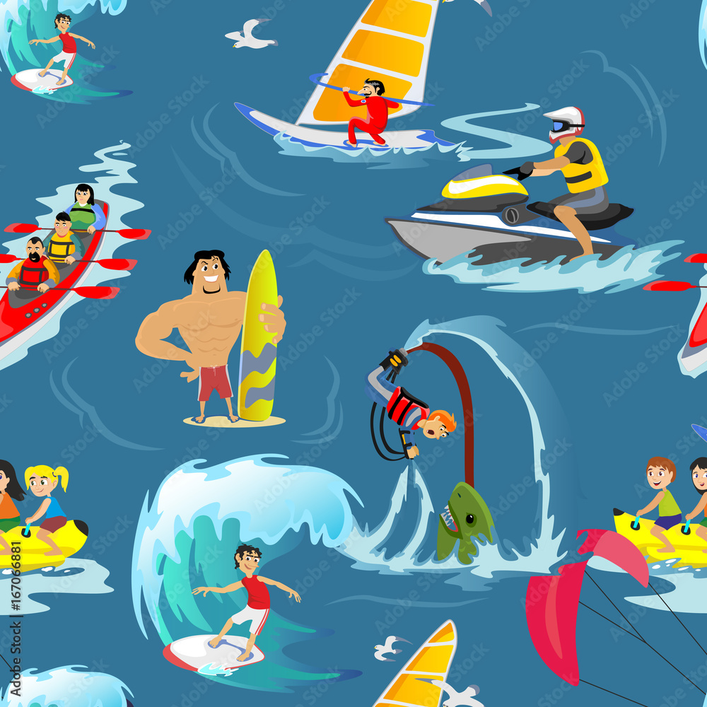 Water extreme sports seamless patterns, design elements for summer vacation activity textile, cartoon wave surfing, sea beach vector illustration, active lifestyle adventure Water extreme sports seamless patterns, design elements for summer vacation activity textile, cartoon wave surfing, sea beach vector illustration, active lifestyle adventure