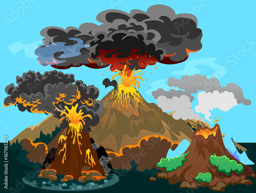 A set of volcanoes of varying degrees of eruption, a sleeping or awakening dangerous vulcan, salute from magma ashes and smoke fly out from volcano, lava flowing down the mountain vector illustration