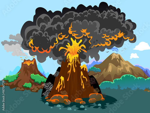 A set of volcanoes of varying degrees of eruption, a sleeping or awakening dangerous vulcan, salute from magma ashes and smoke fly out from volcano, lava flowing down the mountain vector illustration