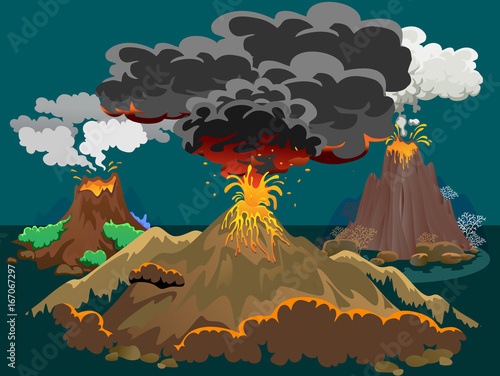 A set of volcanoes of varying degrees of eruption, a sleeping or awakening dangerous vulcan, salute from magma ashes and smoke fly out from volcano, lava flowing down the mountain vector illustration