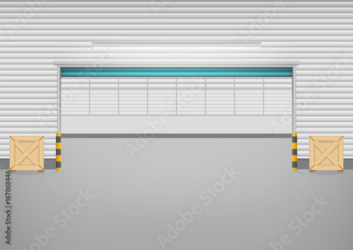Roller door or roller shutter. Also called security door or security shutter. For protect residential, commercial and industrial building i.e. house, factory, warehouse, hangar. Vector illustration.