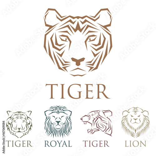 Fototapeta Naklejka Na Ścianę i Meble -  Tiger head royal badge with beautiful animal vector hand drawn lion face illustration.