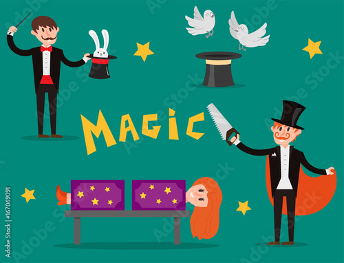 Magician prestidigitator illusionist character tricks juggler vector illustration magic conjurer show cartoon man