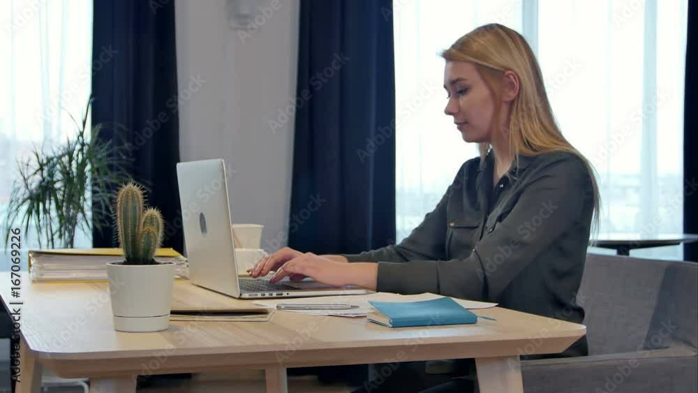 Concentrated at work, confident young woman in smart casual wear working on laptop while sitting near window in creative office Concentrated at work, confident young woman in smart casual wear working on laptop while sitting near window in creative office