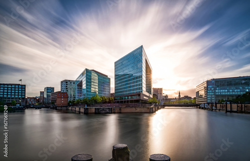 Business buildings in the Hamburg Hafencity at sunset