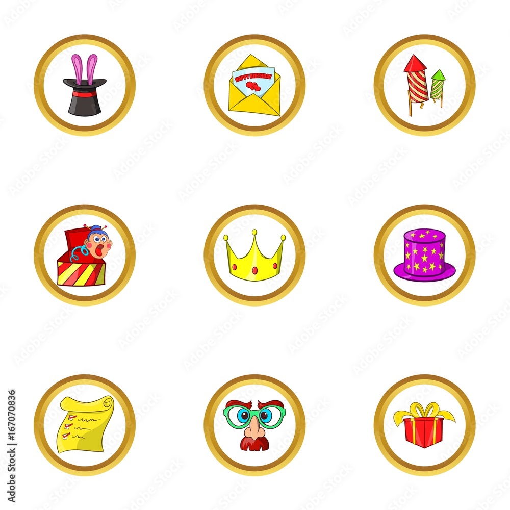 Party day icon set, cartoon style Party day icon set, cartoon style