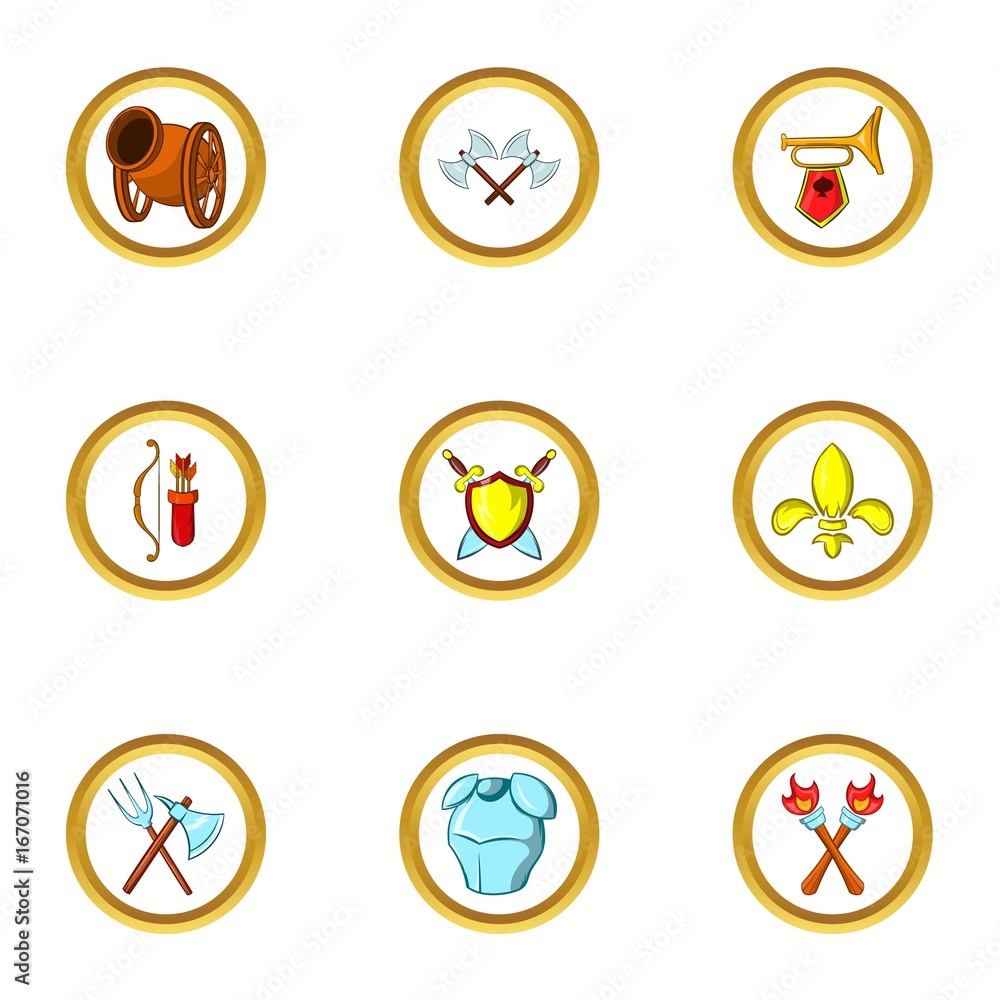 Medieval weapons icon set, cartoon style Medieval weapons icon set, cartoon style