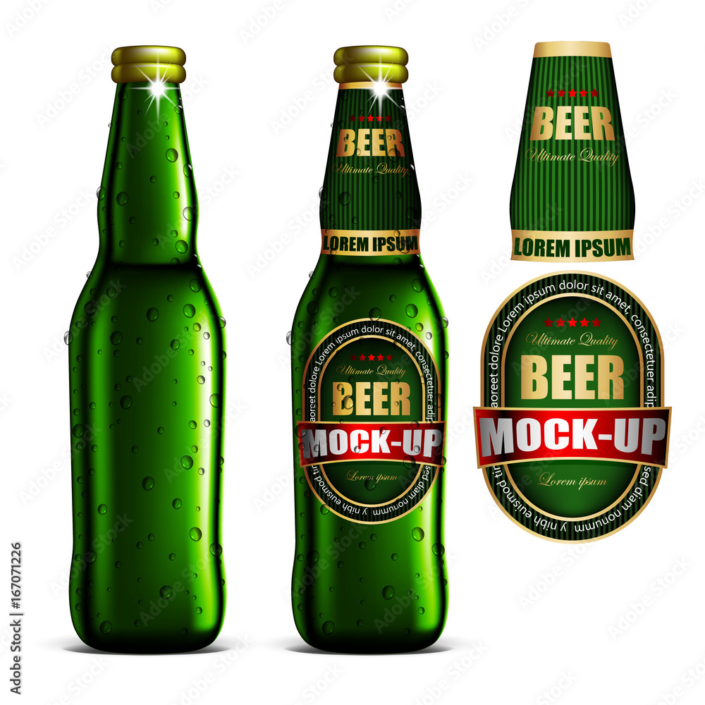 Beer-mock-up-set, green bottle without a label, bottle with a label and a separate labels. Highly realistic illustration. Beer-mock-up-set, green bottle without a label, bottle with a label and a separate labels. Highly realistic illustration.