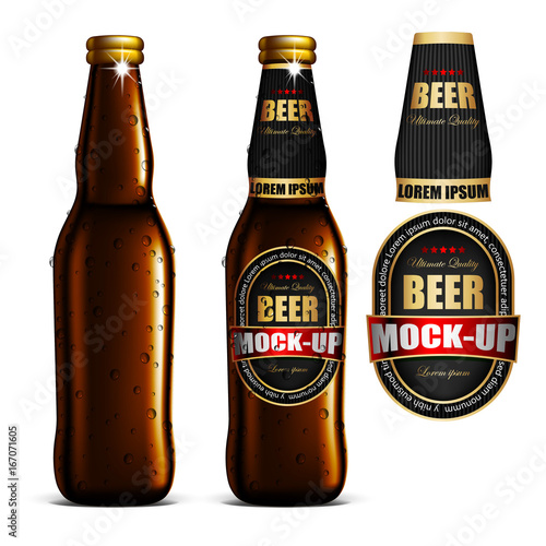 Beer-mock-up-set, brown bottle without a label, bottle with a label and a separate labels. Highly realistic illustration.