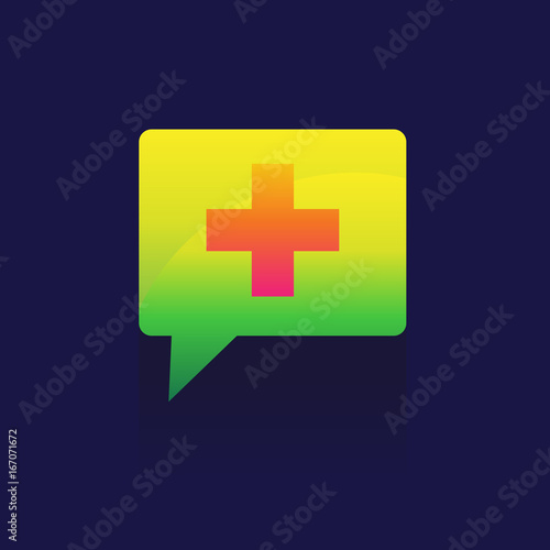 icon Illustration of a tooltip with a cross. on blue background. logo. symbol