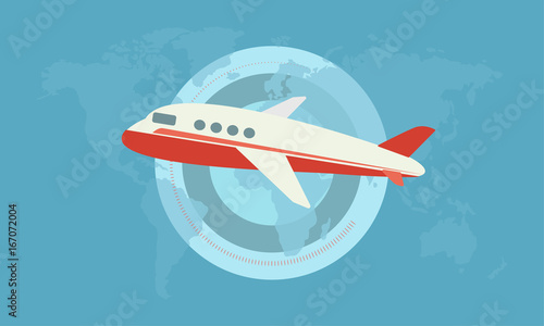 Red and White Airplane with Map of the World on the Background