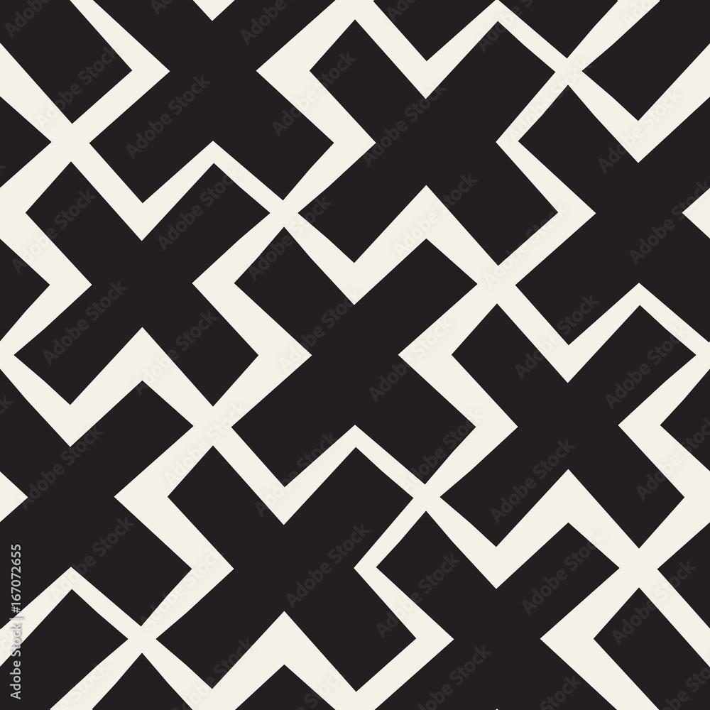Vector Seamless Black And White Lines Pattern Abstract Background. Cross Shapes Geometric Tiling Ornament. Vector Seamless Black And White Lines Pattern Abstract Background. Cross Shapes Geometric Tiling Ornament.