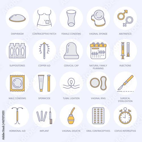 Contraceptive methods line icons. Birth control equipment, condoms, oral contraceptives, iud, barrier contraception, vaginal ring, sterilization. Safe sex thin linear signs for medical clinic.