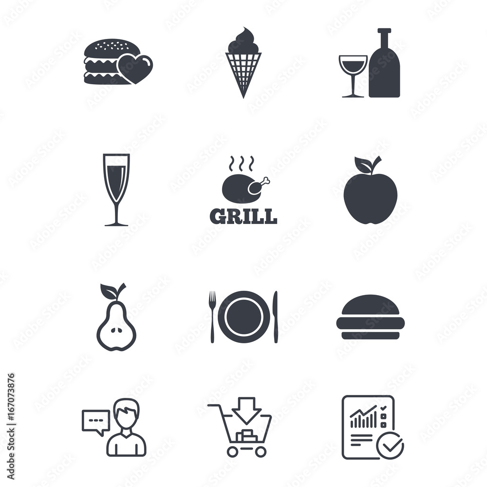 Food, drink icons. Alcohol and burger signs.