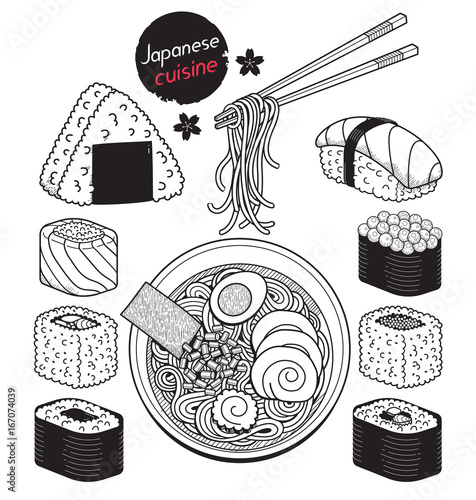 Japan food doodle elements hand drawn style. Vector Illustrations.