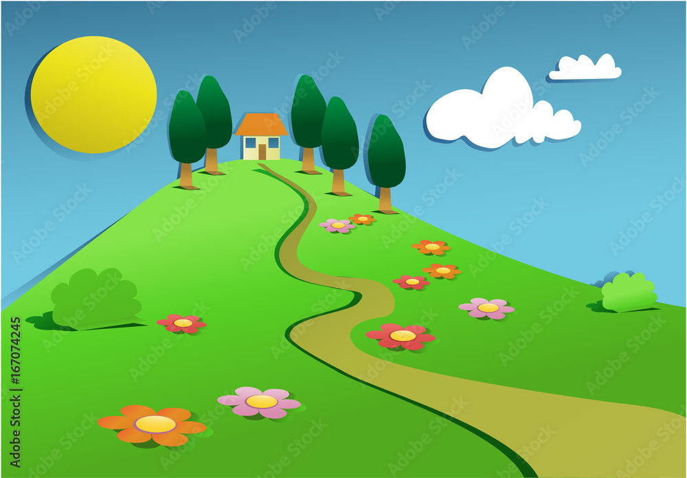 Cartoon landscape with cut out paper elements Cartoon landscape with cut out paper elements