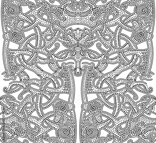 Ornate patterns of the Vikings. Background with hand drawn element of the Vikings. Seamless abstract pattern for printing on paper, fabric, clothes. Art videos black and white picture. Celtic knots.