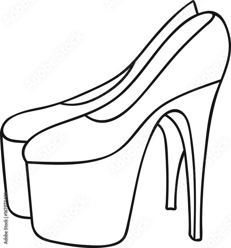 High heels women's louboutin pumps on platforms, shoes hand drawn doodle sketch black and white coloring illustration, template, adults