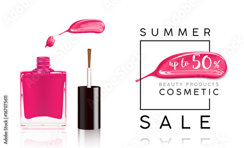 Cosmetics sale banner with nail polish and pink smear. Fashion sale discount illustration
