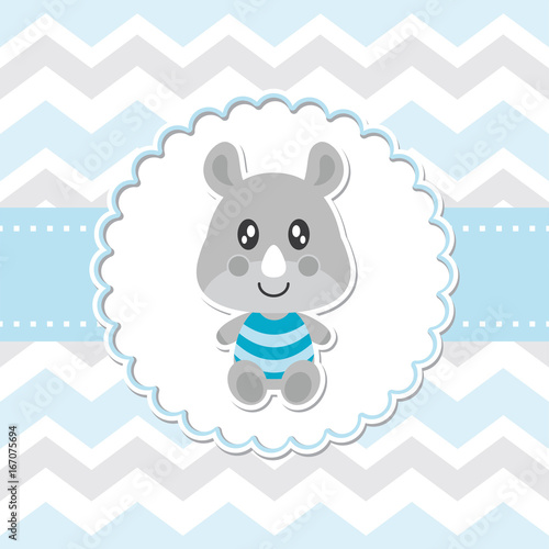 Cute baby rhino smiles on flower frame vector cartoon illustration for baby shower card design, postcard, and wallpaper