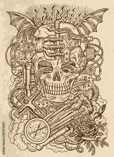 Mystic drawing with scary skull, steampunk and ghotic symbols as rose, demon wings, cross, cogs and wheels on texture background © samiramay