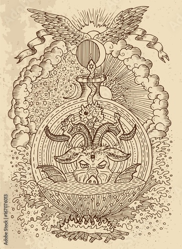 Mystic drawing with spiritual and christian religious symbols as Devil, Eve and Adam, hell and paradise on texture background