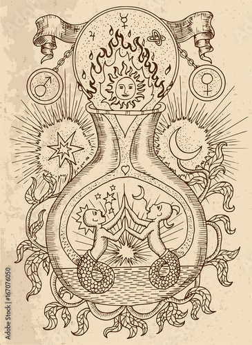 Mystic drawing with spiritual and alchemical symbols, zodiac sign Gemini concept with moon, sun and stars on texture background