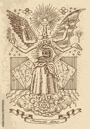 Mystic drawing of spiritual symbols, goddess of wisdom and eternity, vignette banner and constellations on texture background
