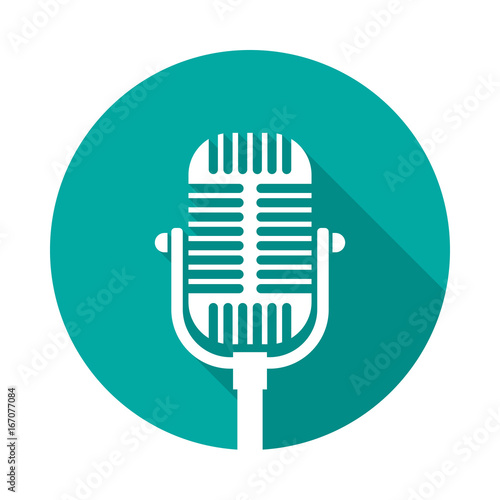 Old microphone circle icon with long shadow. Flat design style. Microphone simple silhouette. Modern, minimalist, round icon in stylish colors. Web site page and mobile app design vector element.