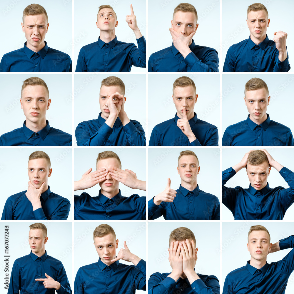 Set of young man's portraits with different emotions and gestures Set of young man's portraits with different emotions and gestures