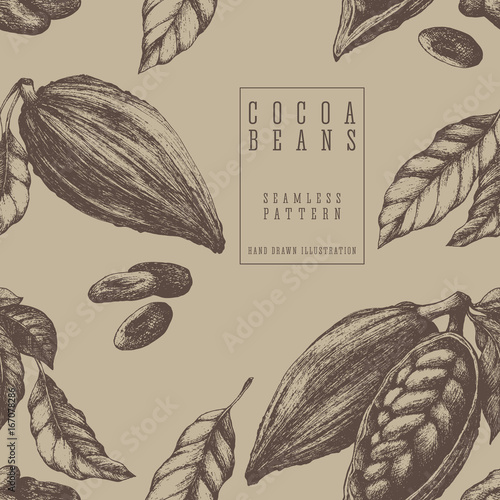 Cocoa seamless pattern, retro style sketch vector illustration. Colonial goods. Eco packaging for chocolate design.