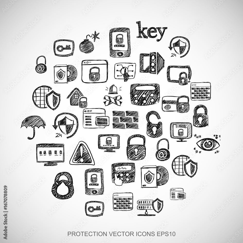 Black doodles Hand Drawn Security Icons set on White. EPS10 vector illustration. Black doodles Hand Drawn Security Icons set on White. EPS10 vector illustration.