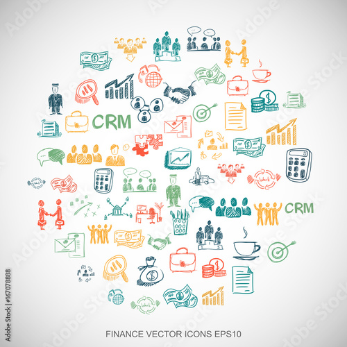 Multicolor doodles Hand Drawn Business Icons set on White. EPS10 vector illustration.