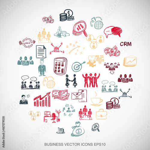 Multicolor doodles Hand Drawn Business Icons set on White. EPS10 vector illustration.