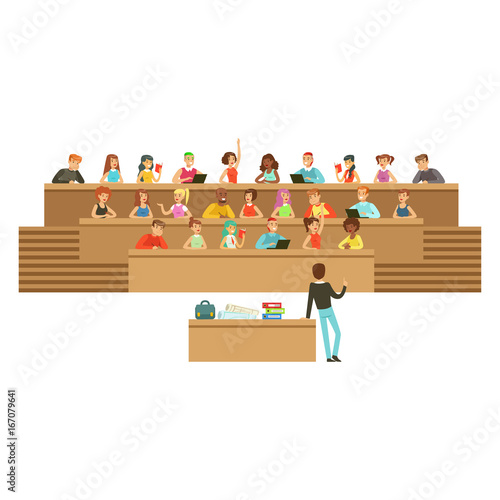 Students listening in a lecture hall in university or college, taking notes, asking questions, high school education vector Illustration