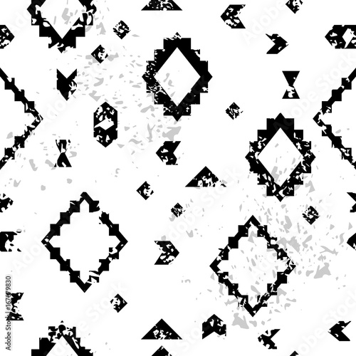 Black and white aged geometric aztec ethnic grunge seamless pattern, vector