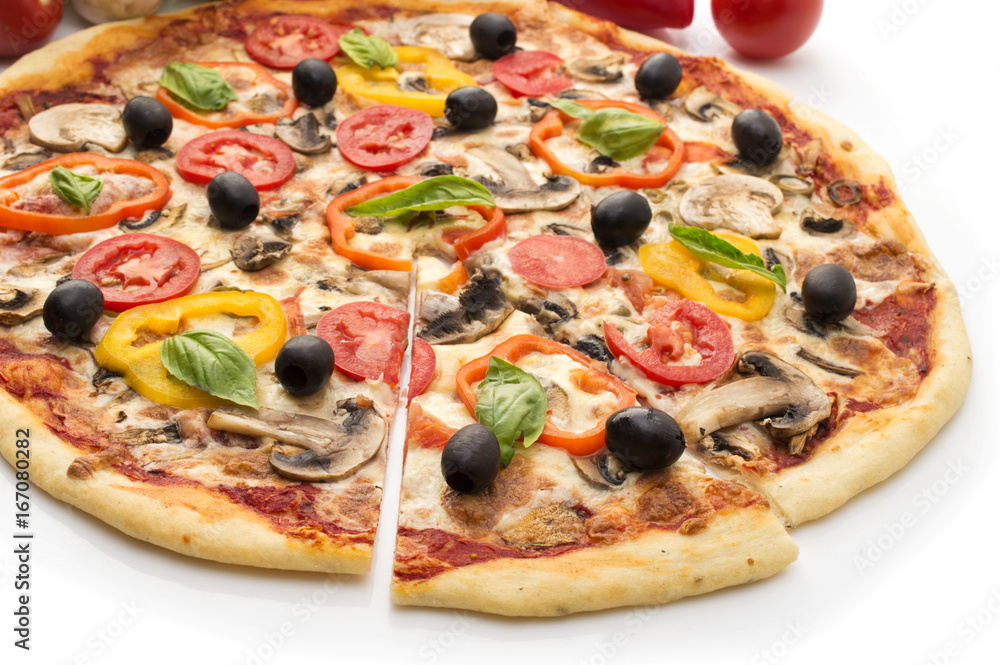 Pizza with ham, pepper and olives