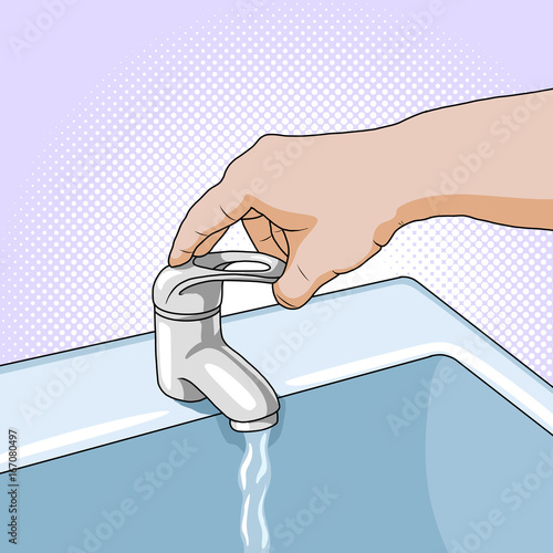 Faucet of ceramic furniture. Female hand opens the water in the sink pop art retro style