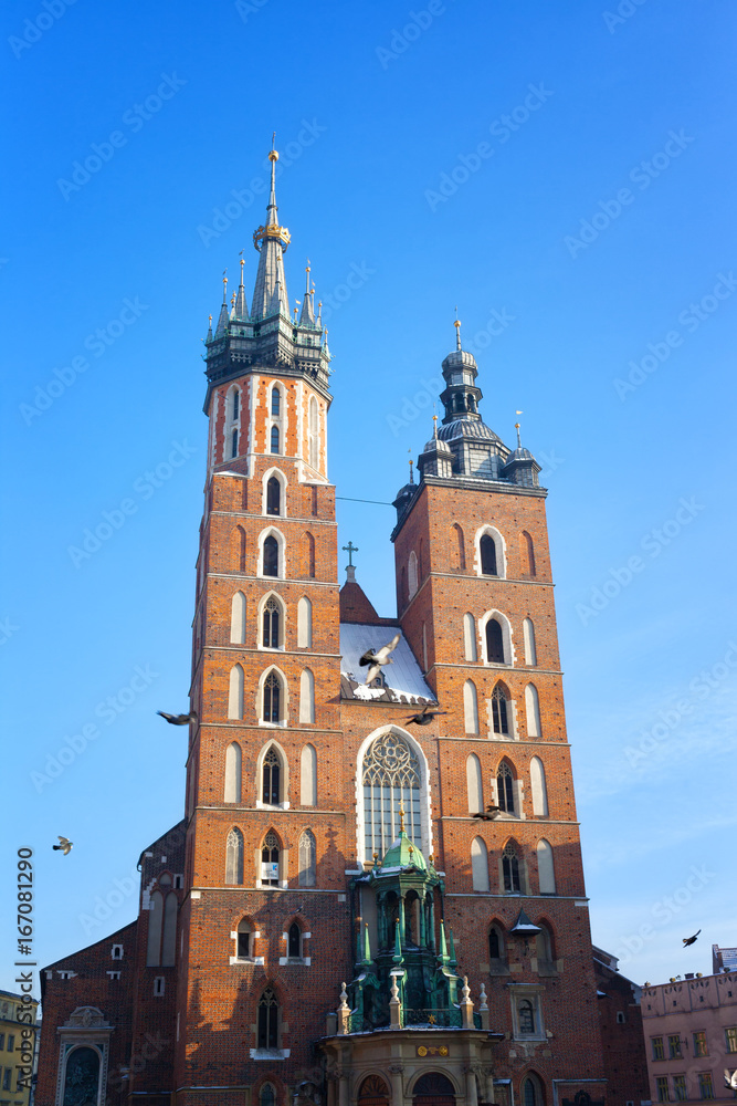 Mariatsky church in Krakow in sunny winter day, Poland