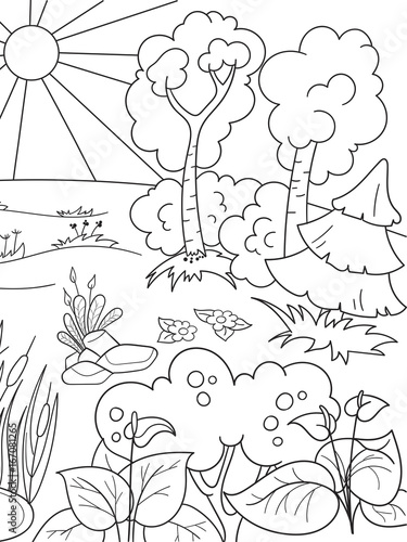 Cartoon coloring book black and white Nature. Glade in the forest with plants.