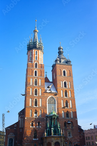 Mariatsky church in Krakow in sunny winter day, Poland