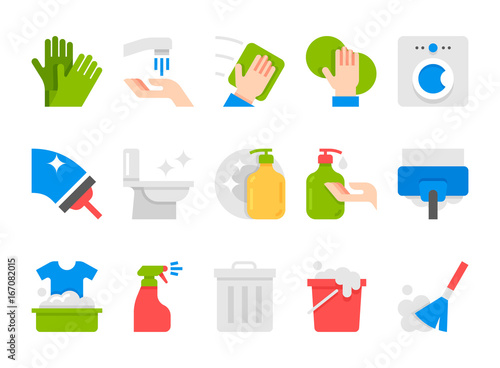 flat cleaning set icons. cleaning tools