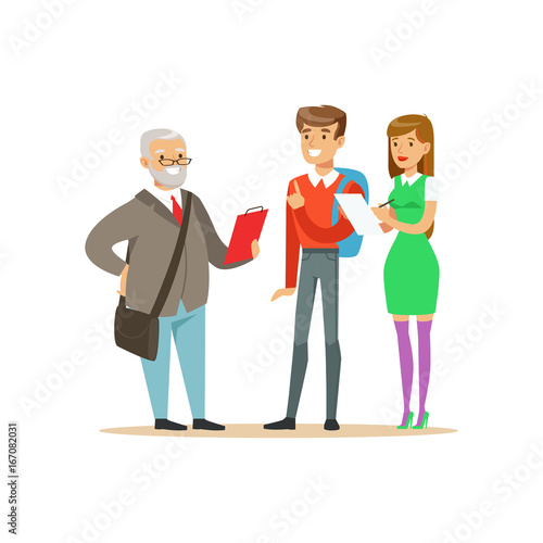 Students having a discussion with their professor, high school education vector Illustration