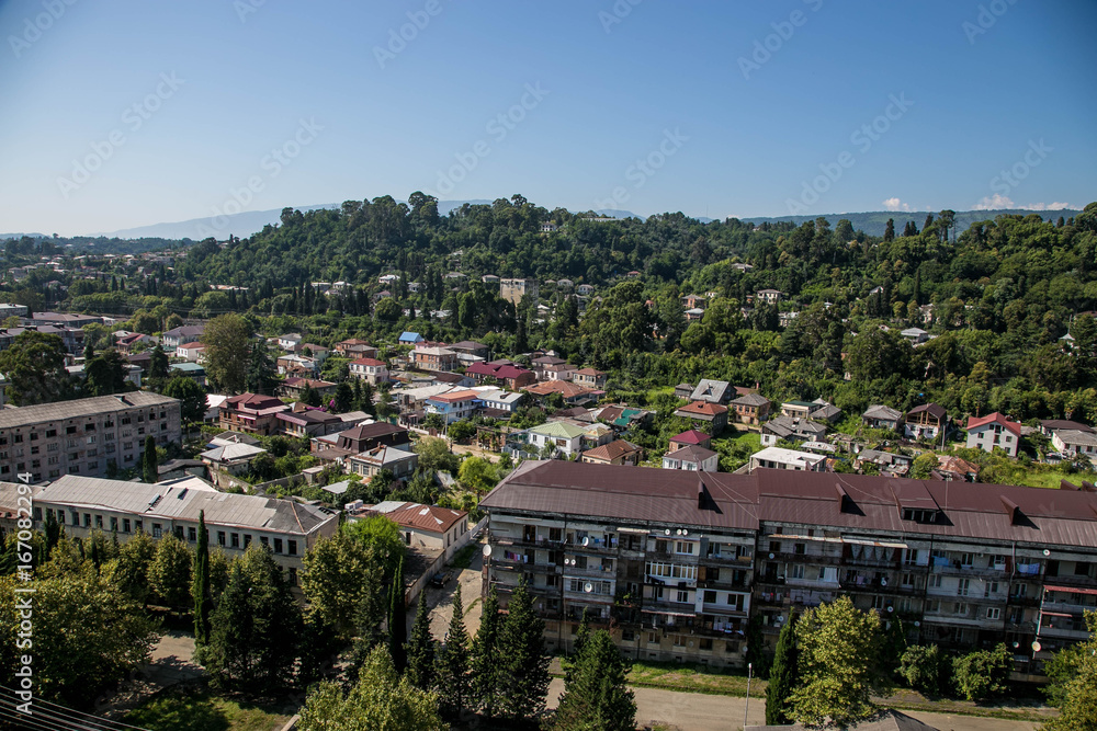 Day aerial cityscape of Sukhum downtown, Abkhazia in summer