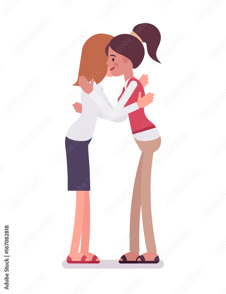 Female clerks giving a hug Female clerks giving a hug