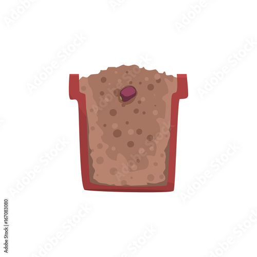 Seed of a bean in a pot with ground soil, stage of plant growth, pot in a cross section vector Illustration