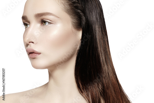 Beautiful Face of young Woman. Skincare  Wellness  Spa. Clean soft Skin  Fresh look. Natural daily makeup  wet hair